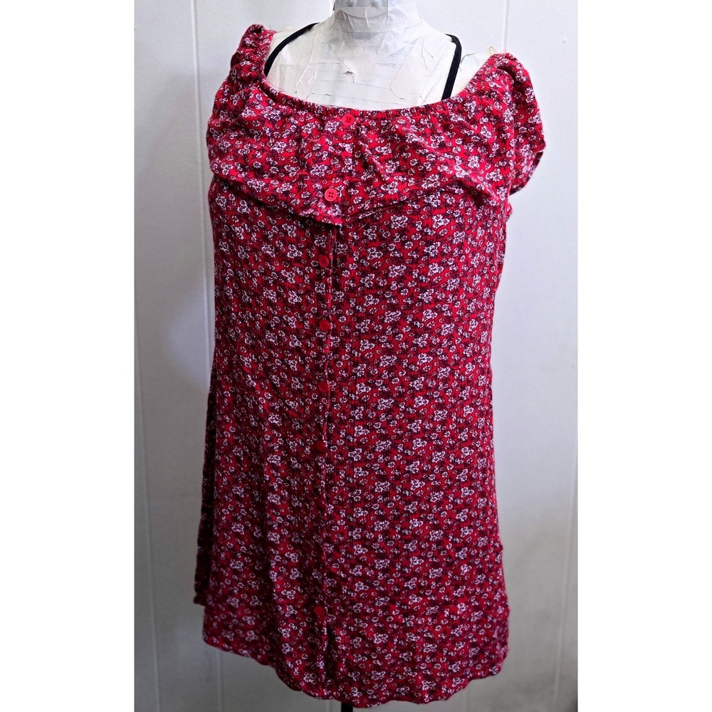 Bongo‎ Red Floral Off Shoulder Ruffle Button Front Dress Womens Size M Cottage